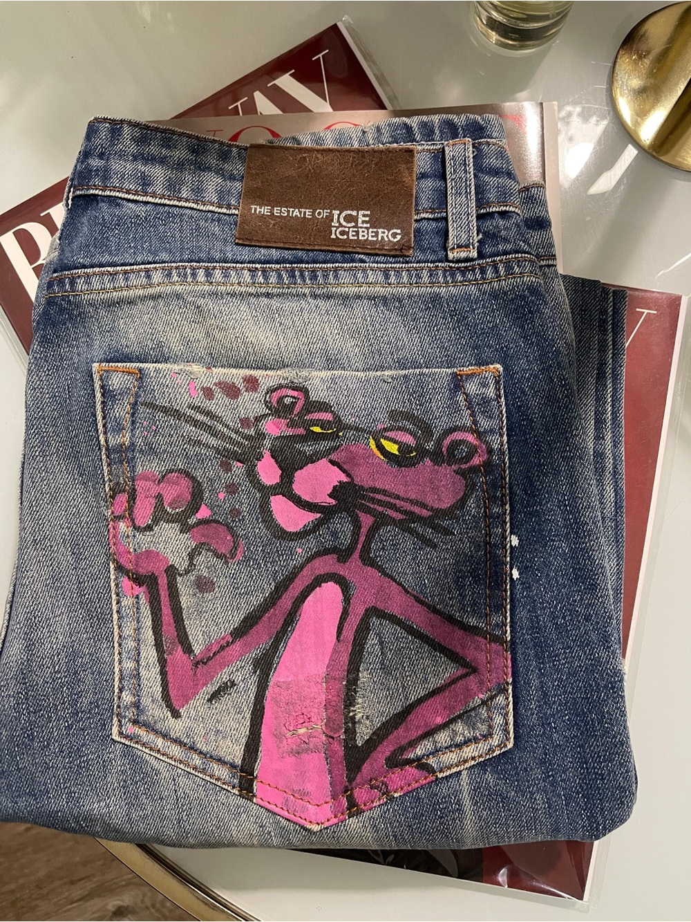 Iceberg Men’s Blue Denim Jeans with Pink Panther Pocket Art
